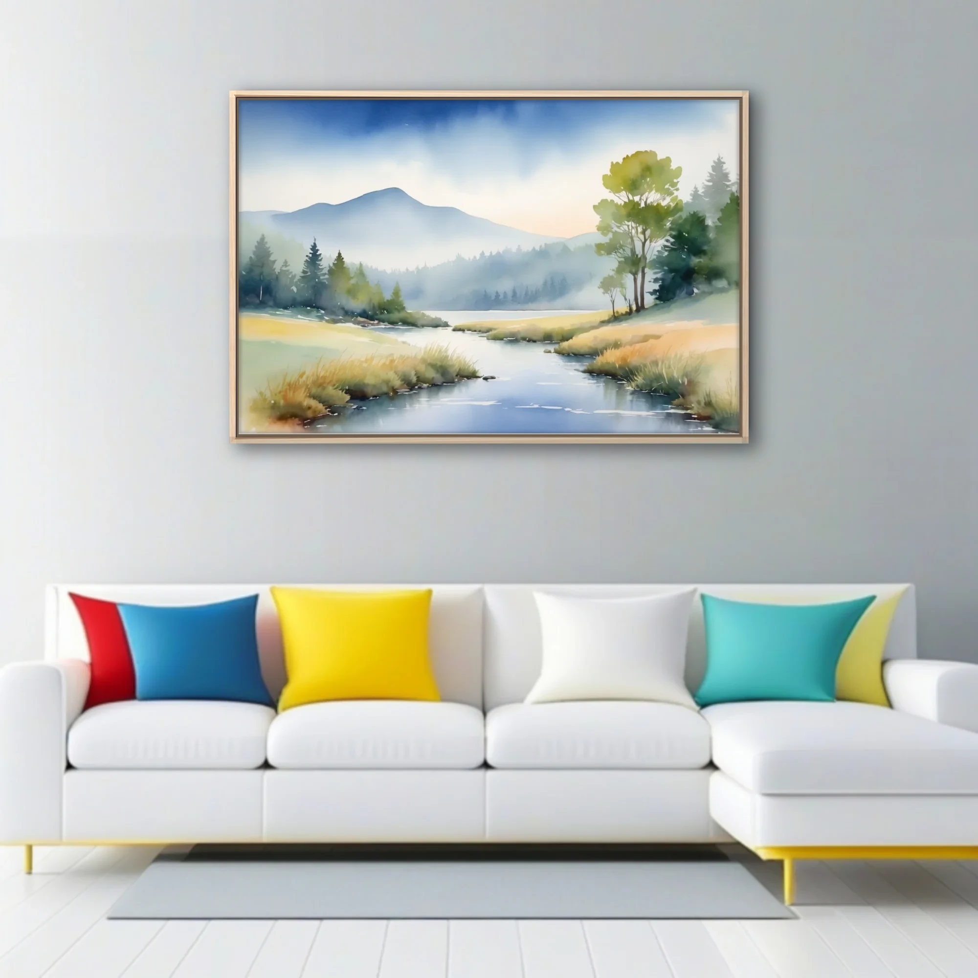 Watercolor-style misty mountain landscape with stream and woodland, soft blue and gold tones