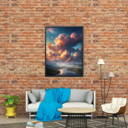 Fantasy cloudscape landscape with glowing golden cumulus clouds over misty mountains and river