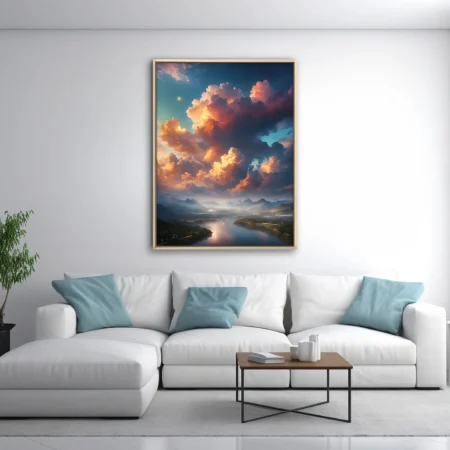 Fantasy cloudscape landscape with glowing golden cumulus clouds over misty mountains and river