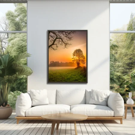 Misty countryside sunrise with golden light through trees and green meadow