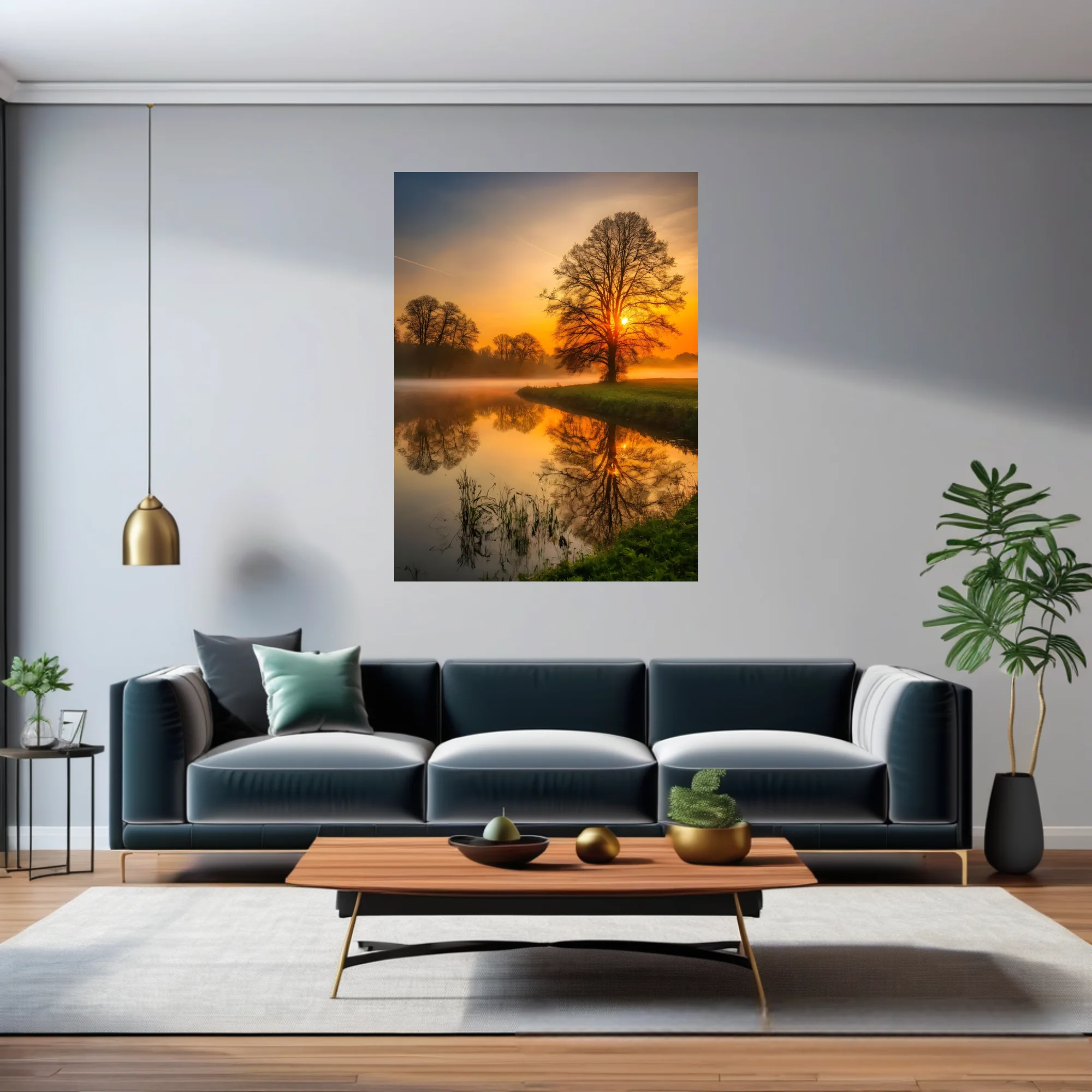 Misty golden sunrise landscape with tree silhouettes reflected in calm river