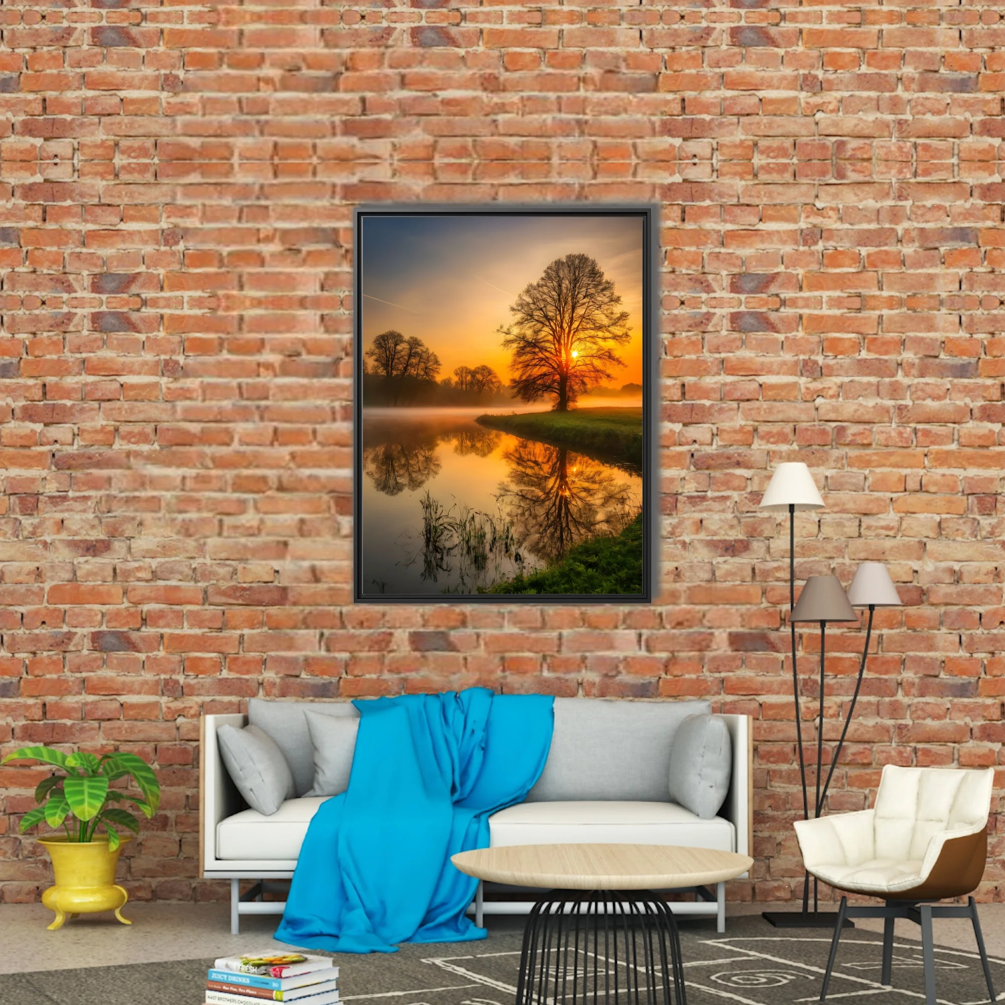 Misty golden sunrise landscape with tree silhouettes reflected in calm river