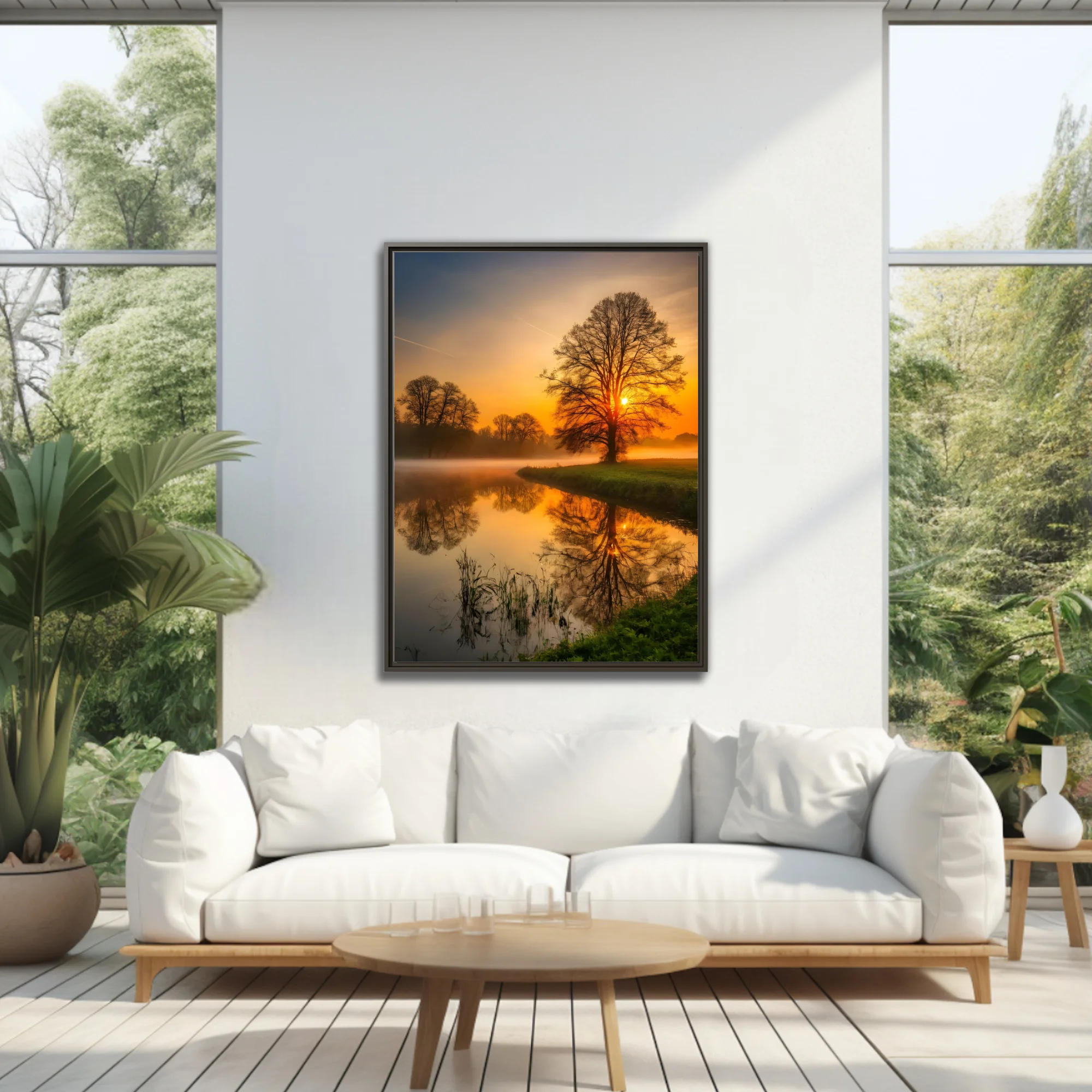 Misty golden sunrise landscape with tree silhouettes reflected in calm river