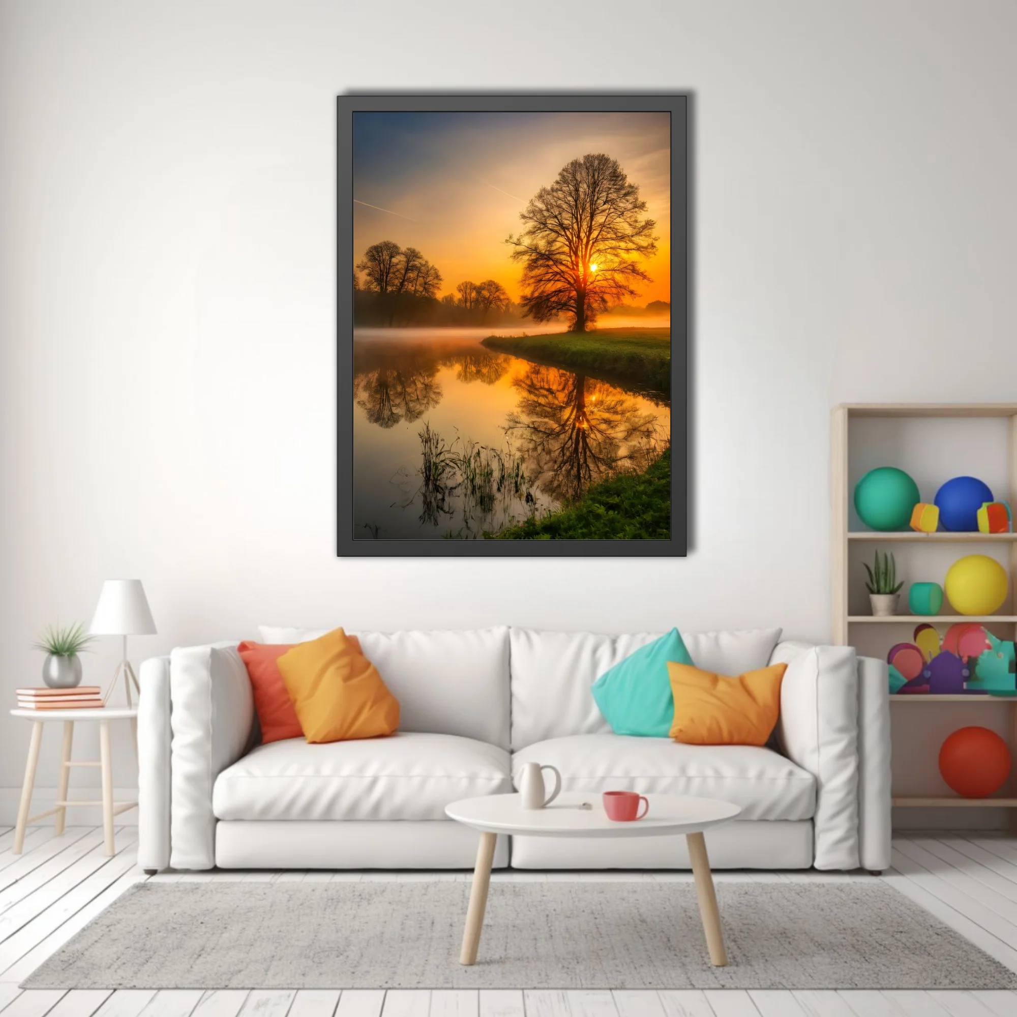 Misty golden sunrise landscape with tree silhouettes reflected in calm river