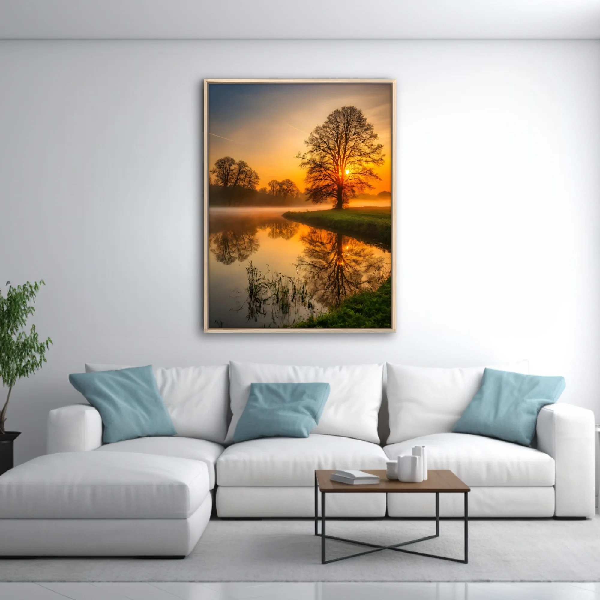 Misty golden sunrise landscape with tree silhouettes reflected in calm river