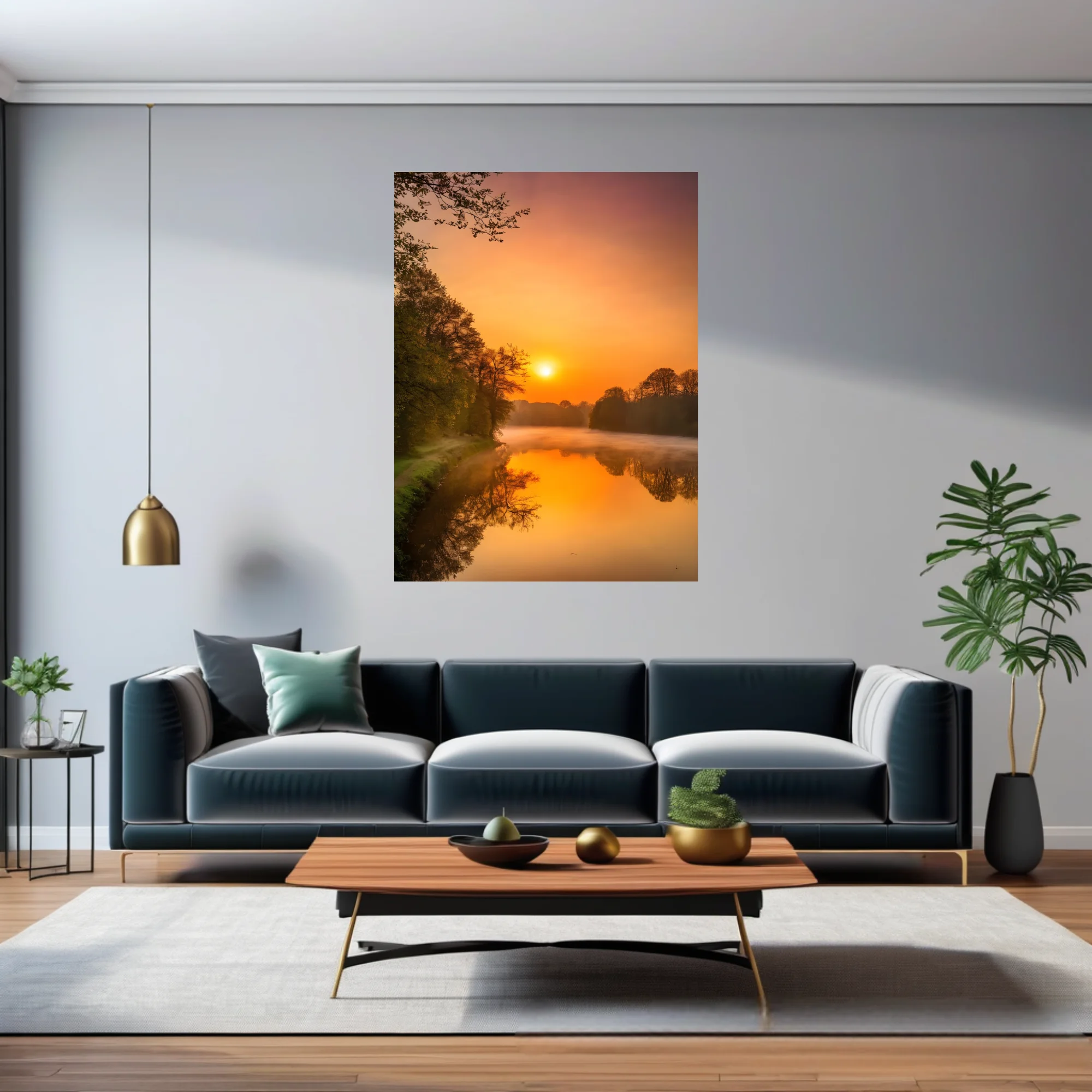 Misty river sunrise landscape with golden reflections and silhouetted trees