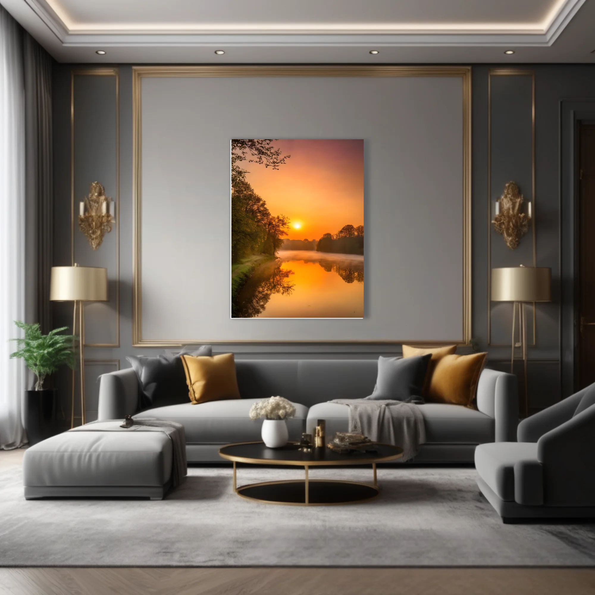 Misty river sunrise landscape with golden reflections and silhouetted trees