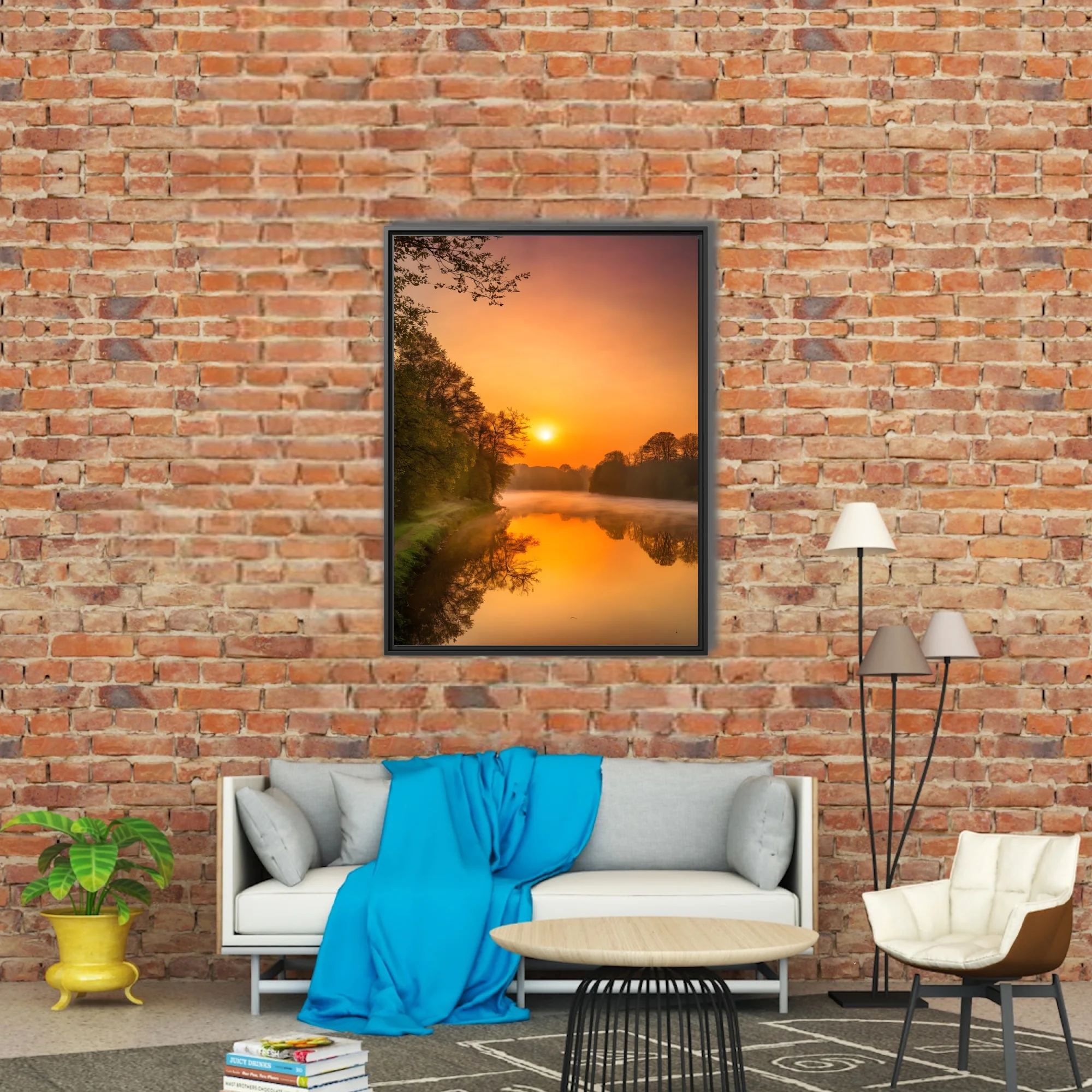 Misty river sunrise landscape with golden reflections and silhouetted trees