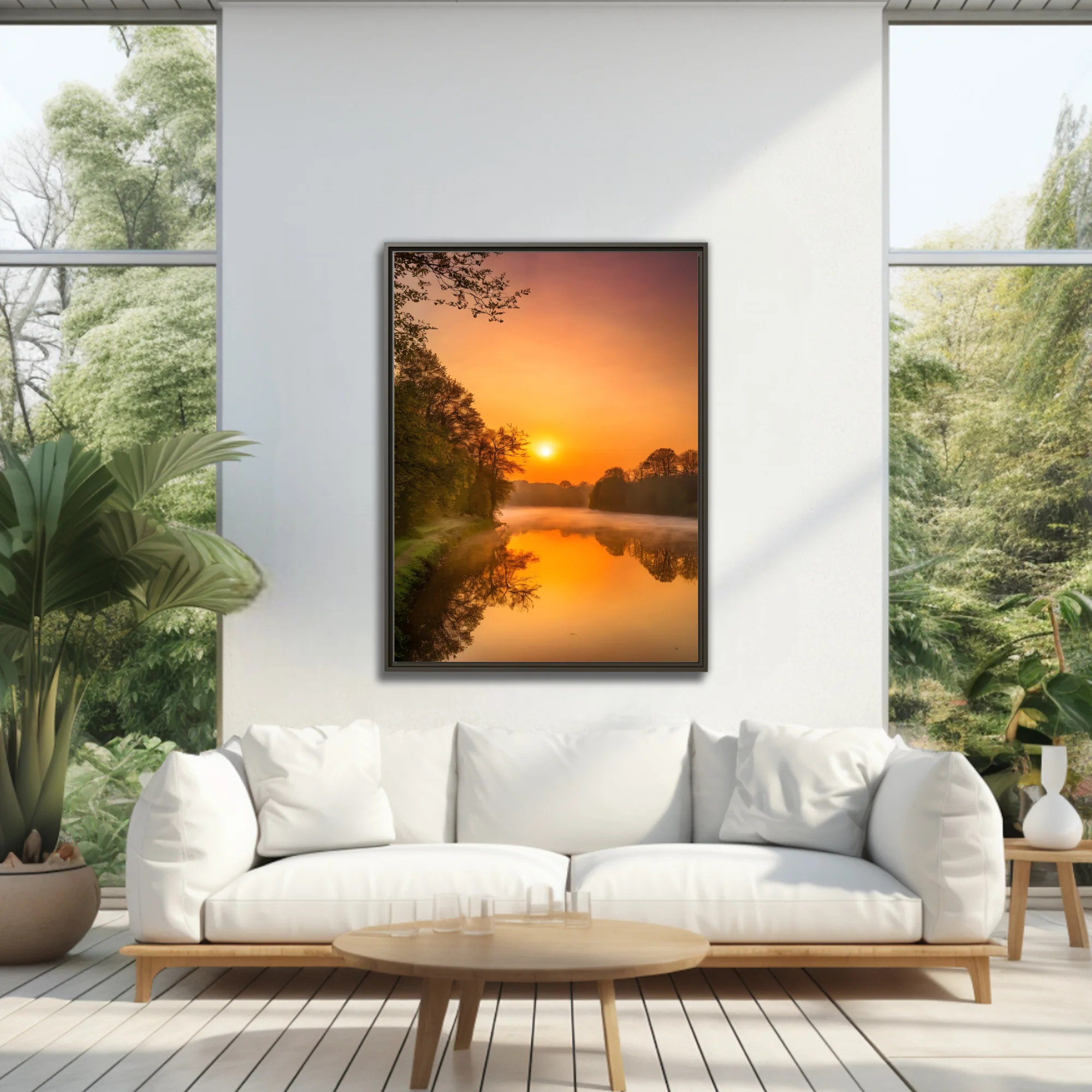 Misty river sunrise landscape with golden reflections and silhouetted trees