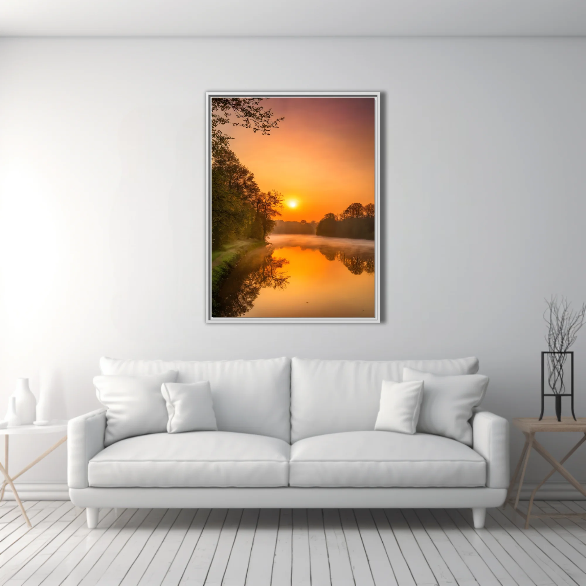 Misty river sunrise landscape with golden reflections and silhouetted trees