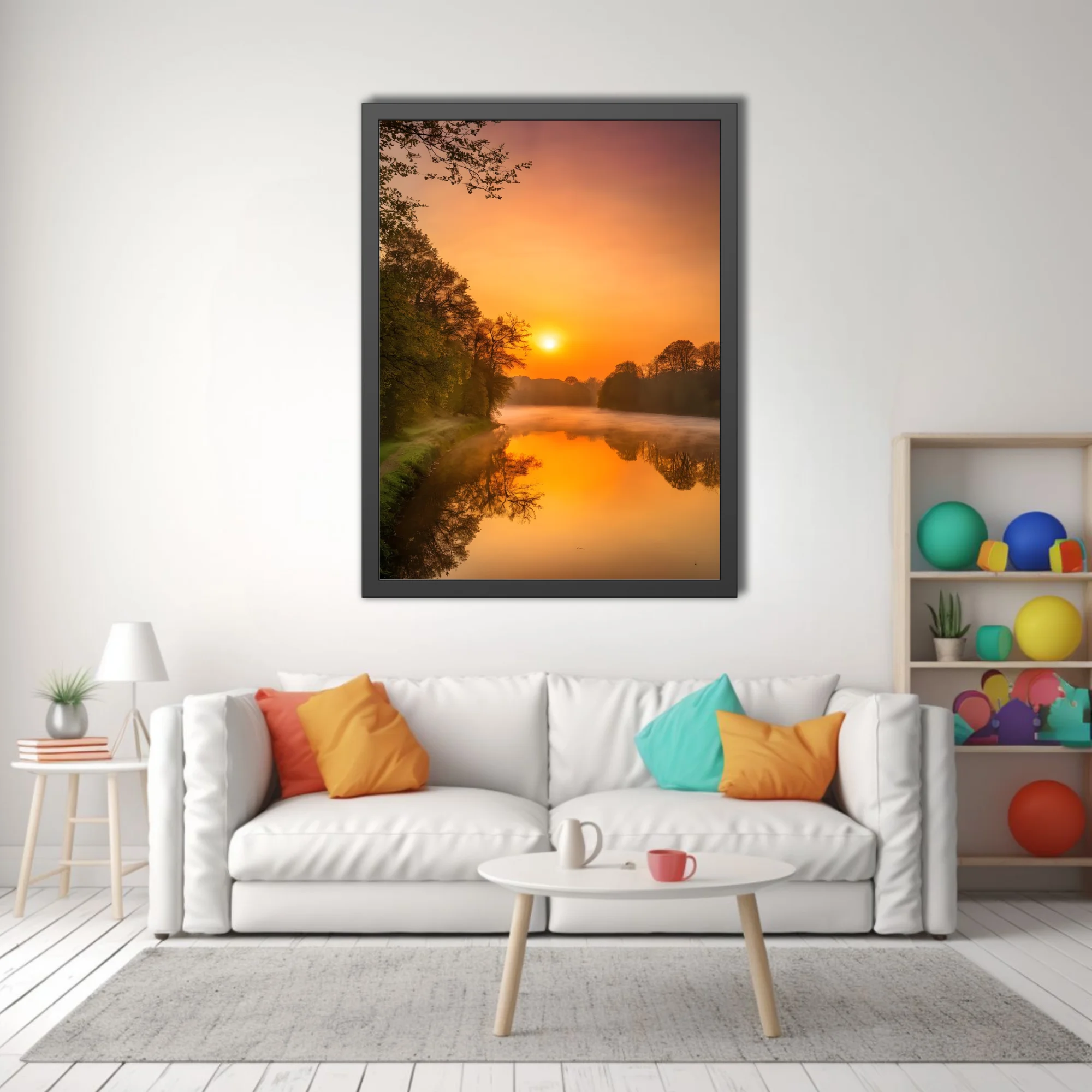 Misty river sunrise landscape with golden reflections and silhouetted trees