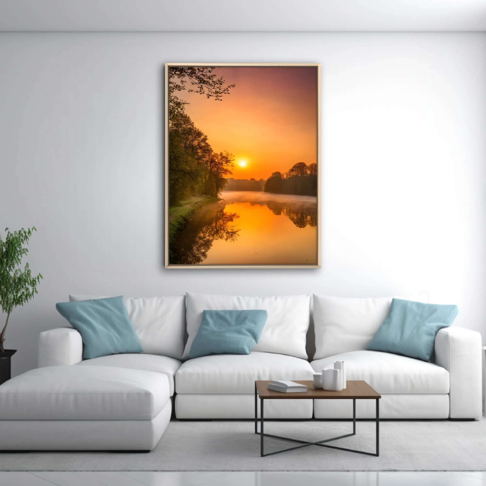 Misty river sunrise landscape with golden reflections and silhouetted trees