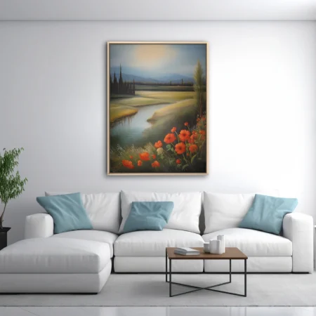 Dreamy pastoral landscape with red poppies, winding stream, and cypress hills in soft style