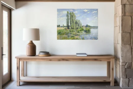 Soft painterly riverbank landscape with poplars, willows, and sunlit water in fresh greens and soft blues