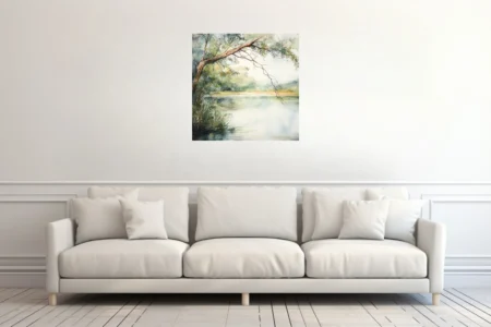 Watercolor-style tranquil river landscape with overhanging tree and soft green palette