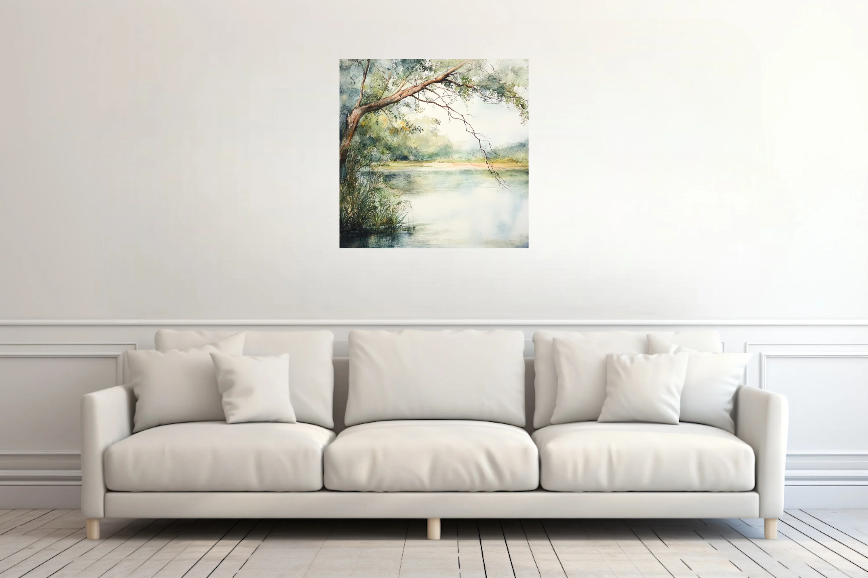 Watercolor-style tranquil river landscape with overhanging tree and soft green palette
