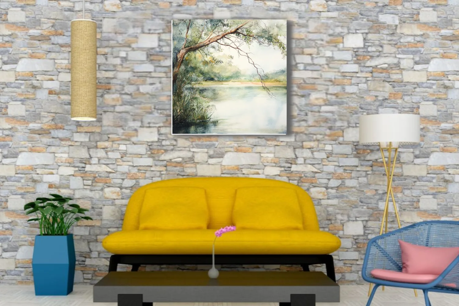Watercolor-style tranquil river landscape with overhanging tree and soft green palette