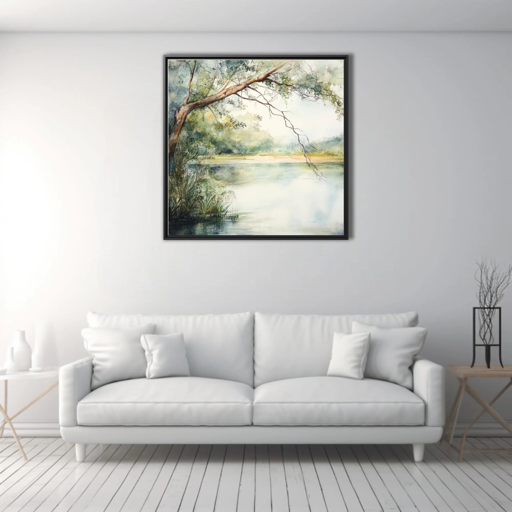 Watercolor-style tranquil river landscape with overhanging tree and soft green palette