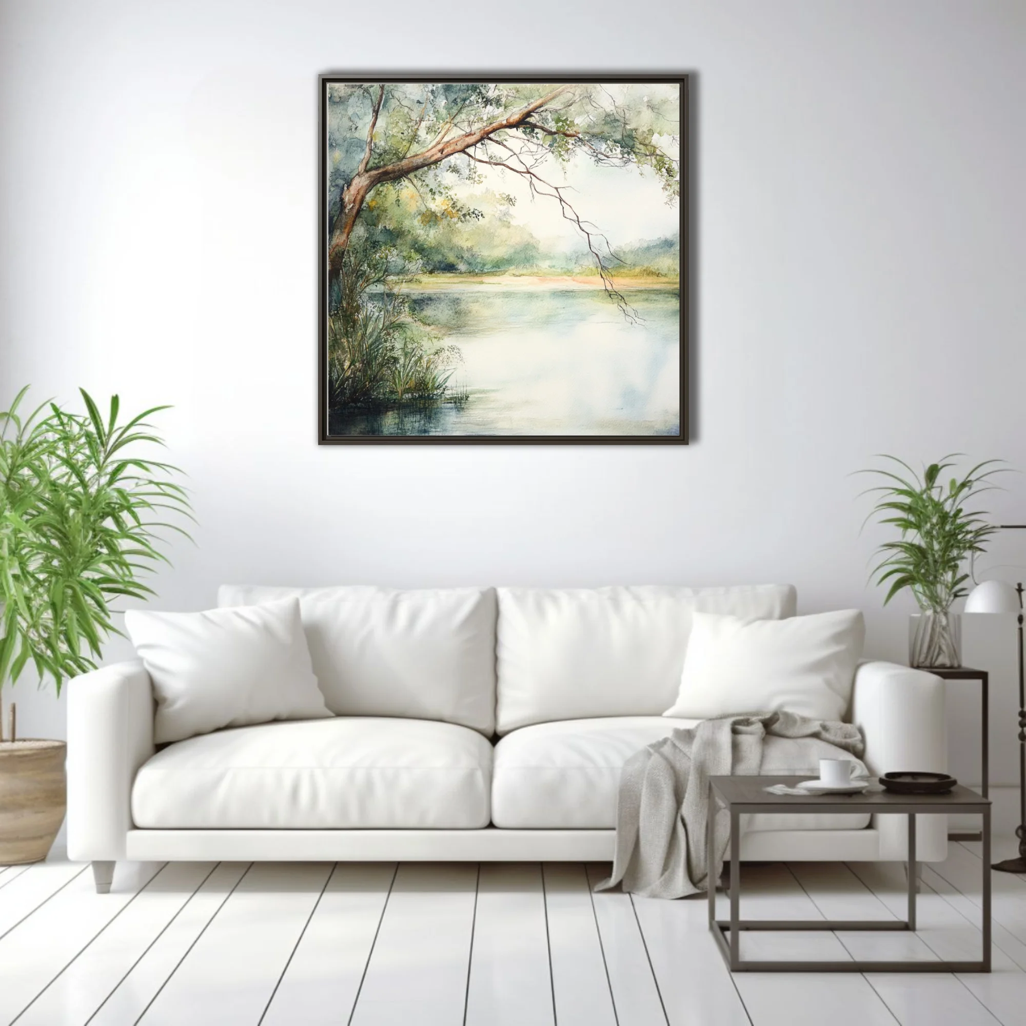 Watercolor-style tranquil river landscape with overhanging tree and soft green palette