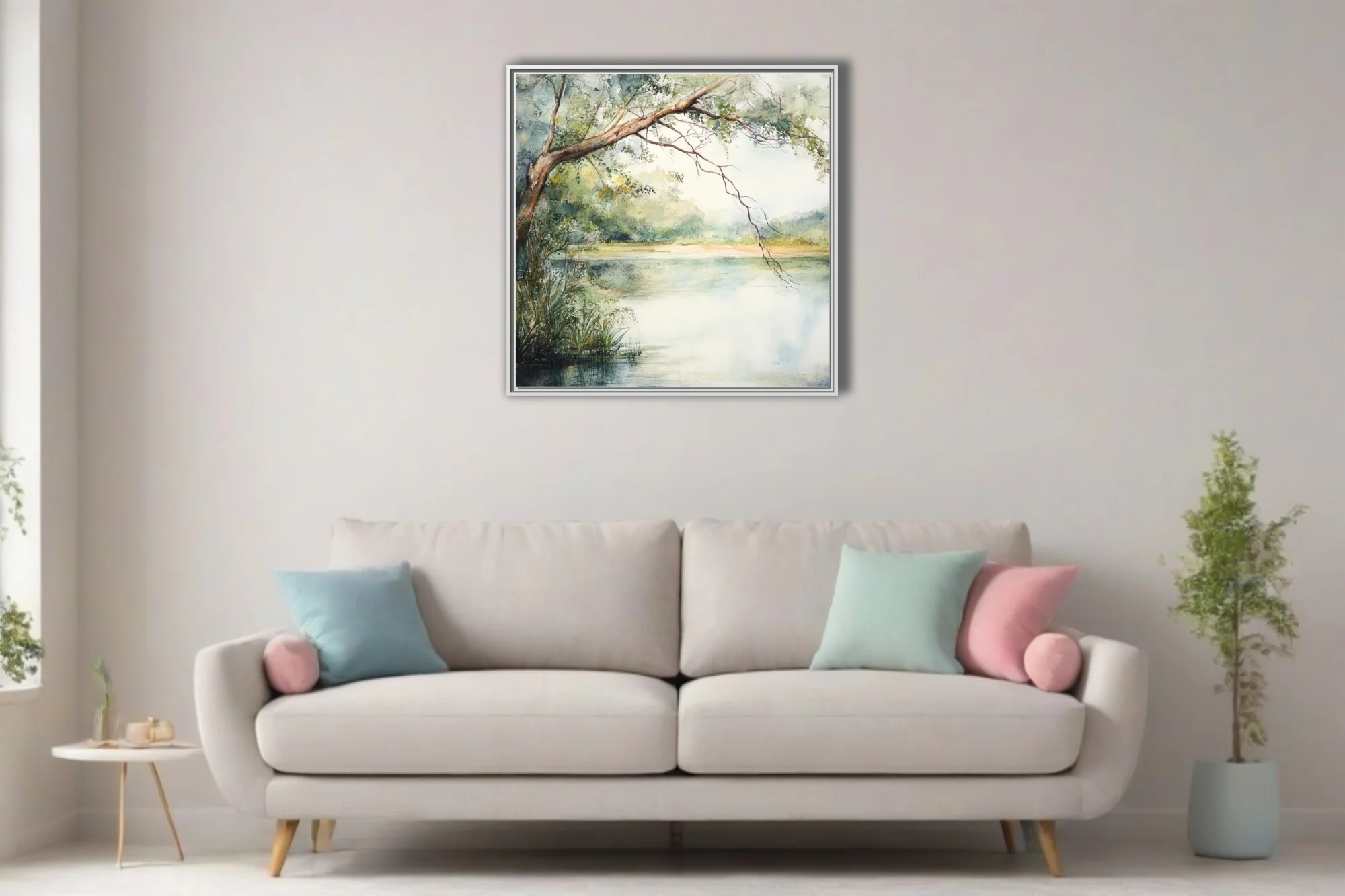 Watercolor-style tranquil river landscape with overhanging tree and soft green palette