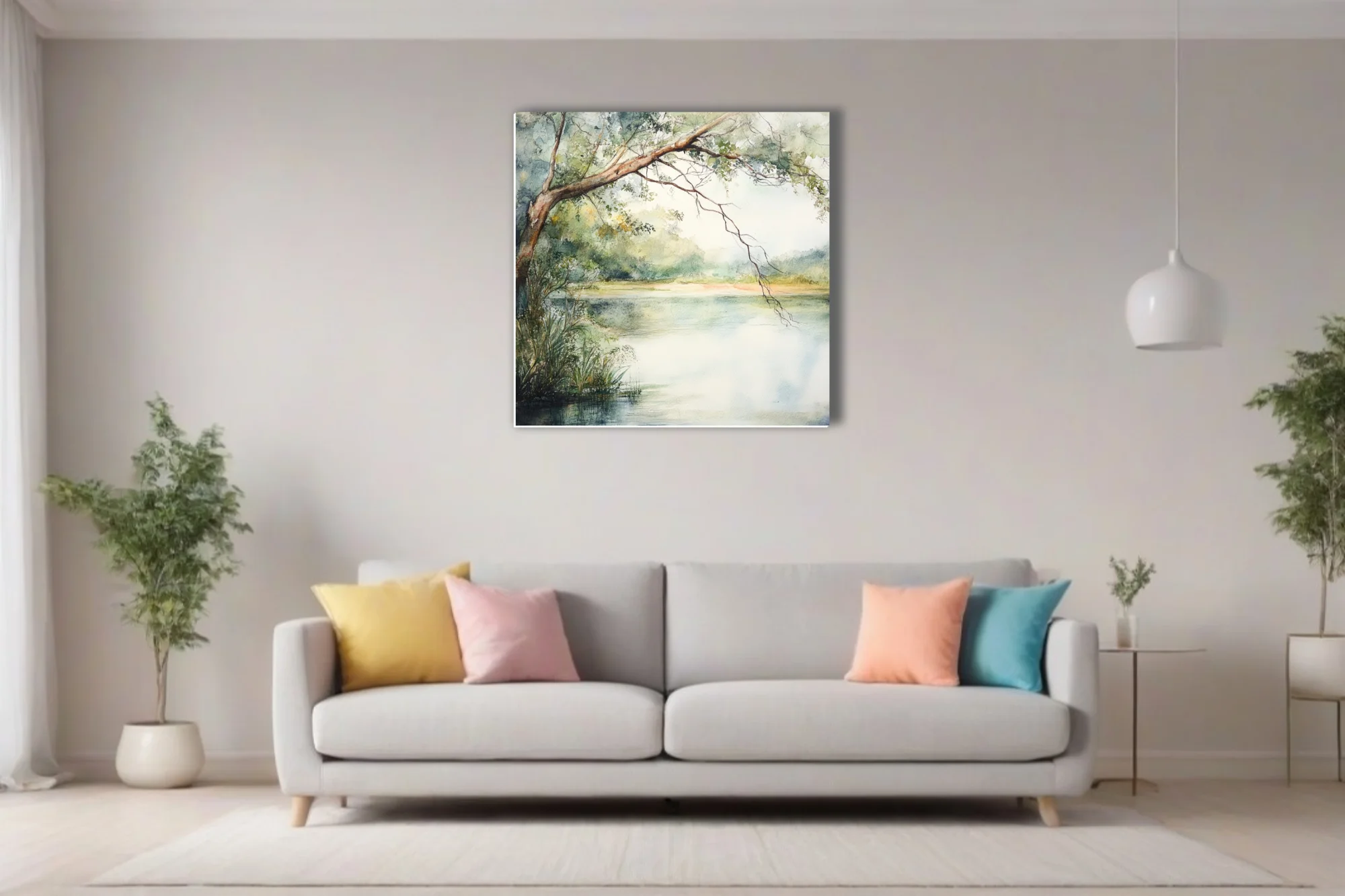 Watercolor-style tranquil river landscape with overhanging tree and soft green palette