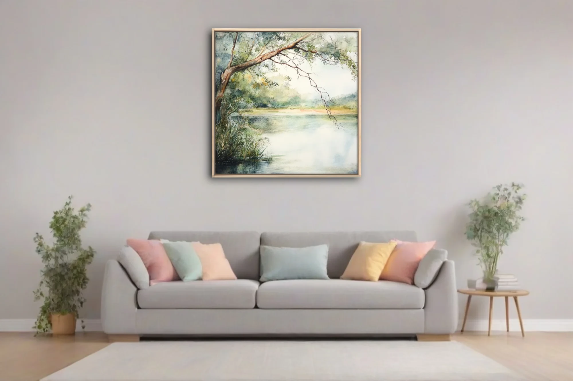 Watercolor-style tranquil river landscape with overhanging tree and soft green palette