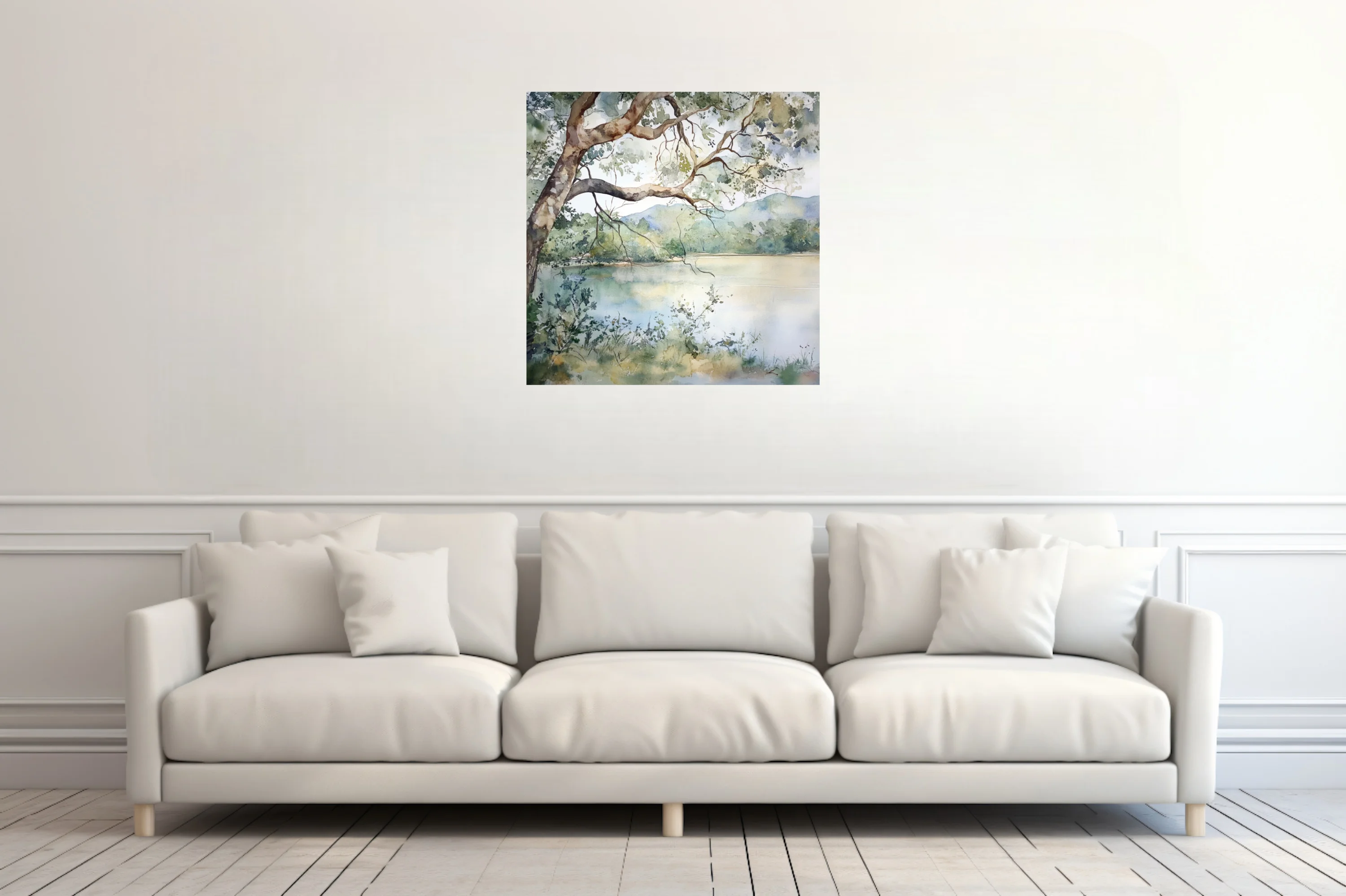 Watercolor-style lake landscape with overhanging tree, distant hills, and soft sage and blue reflections