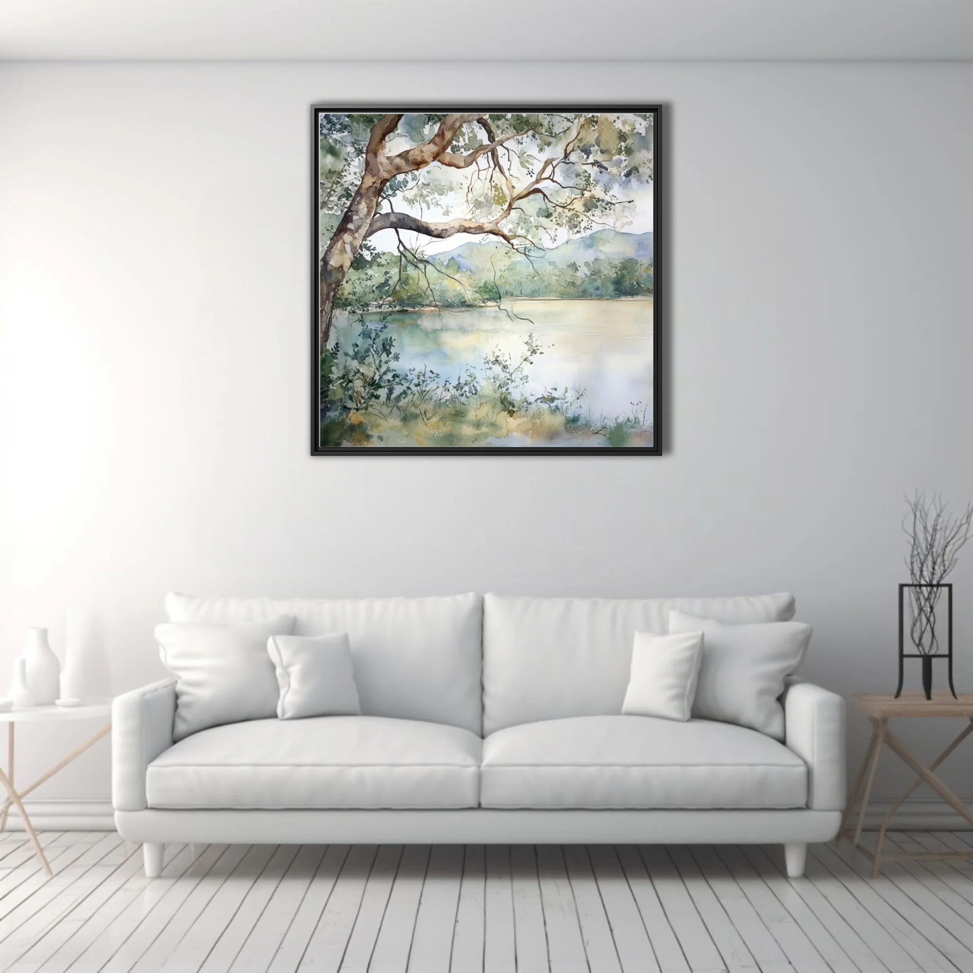 Watercolor-style lake landscape with overhanging tree, distant hills, and soft sage and blue reflections