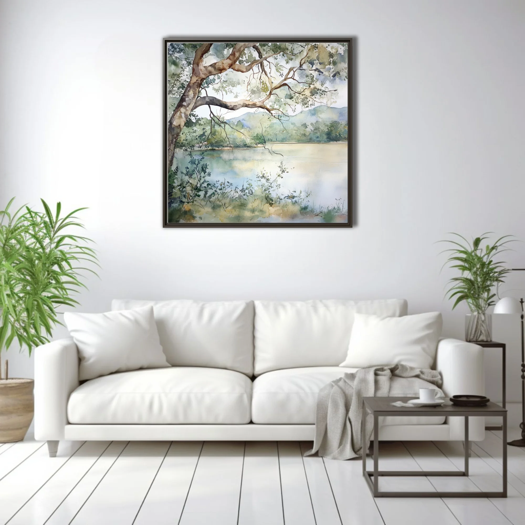 Watercolor-style lake landscape with overhanging tree, distant hills, and soft sage and blue reflections