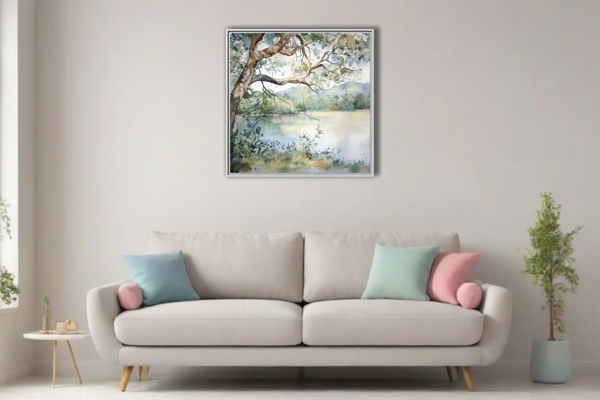 Watercolor-style lake landscape with overhanging tree, distant hills, and soft sage and blue reflections
