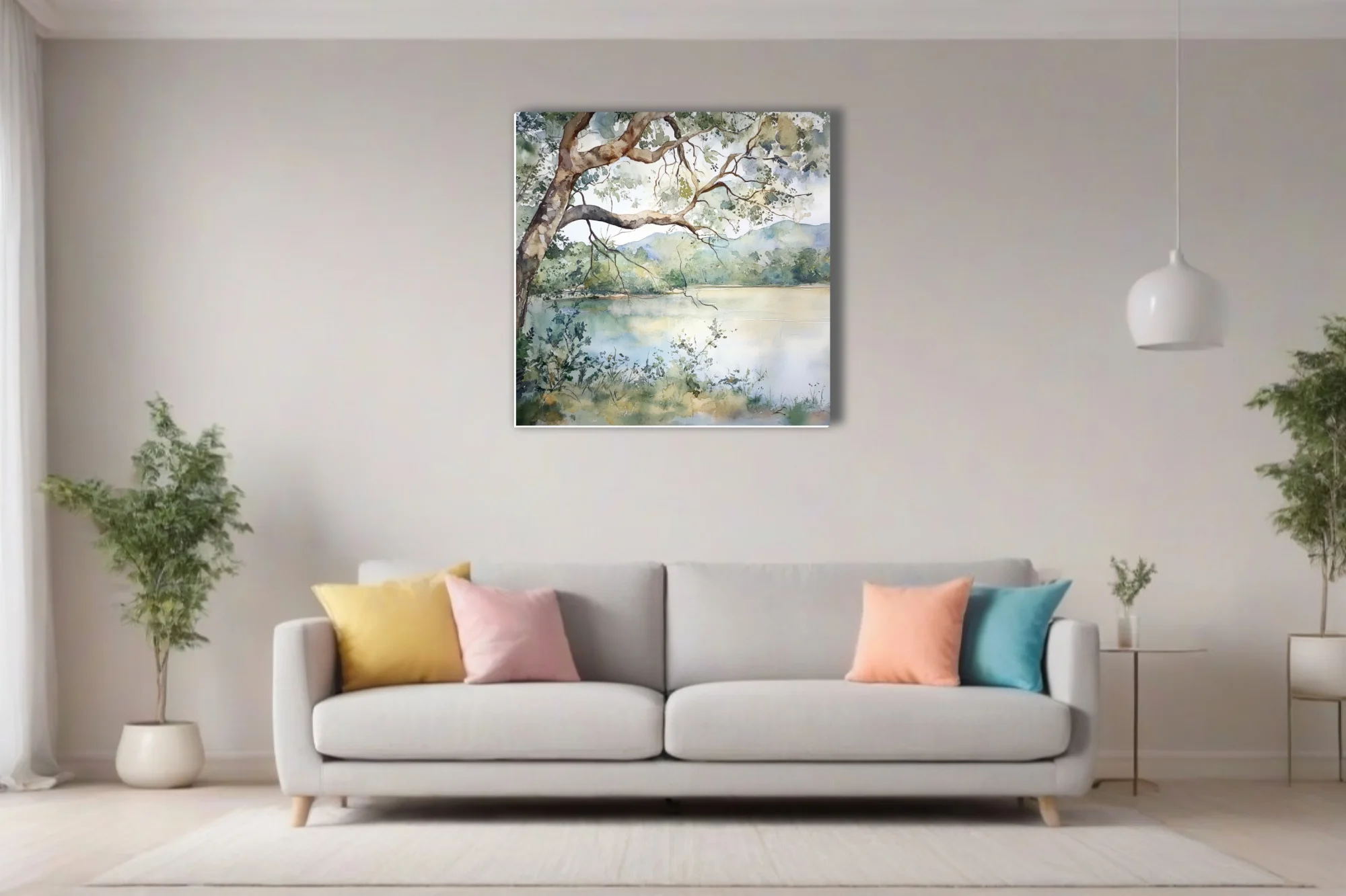 Watercolor-style lake landscape with overhanging tree, distant hills, and soft sage and blue reflections