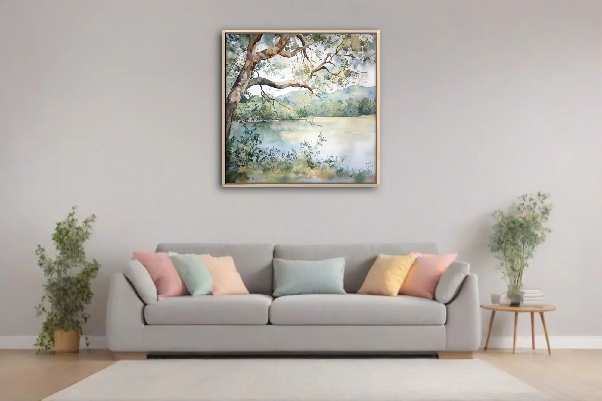 Watercolor-style lake landscape with overhanging tree, distant hills, and soft sage and blue reflections