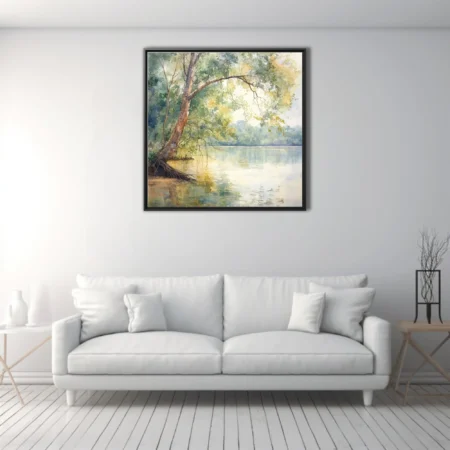 Watercolor-style riverside landscape with a leaning tree, soft greens and golden reflections on calm water