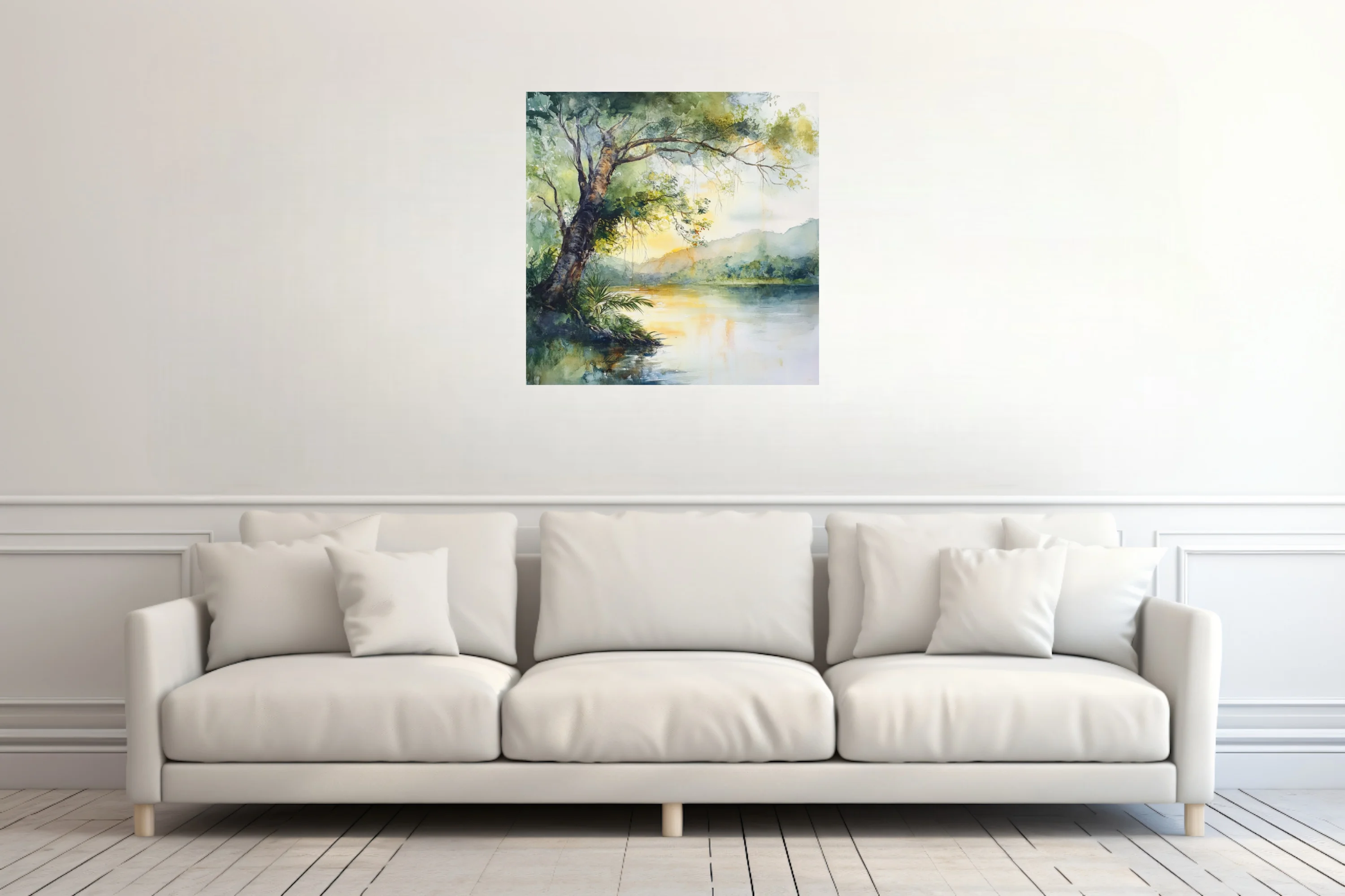 Watercolor-style tropical river landscape with golden light, lush trees, and misty hills