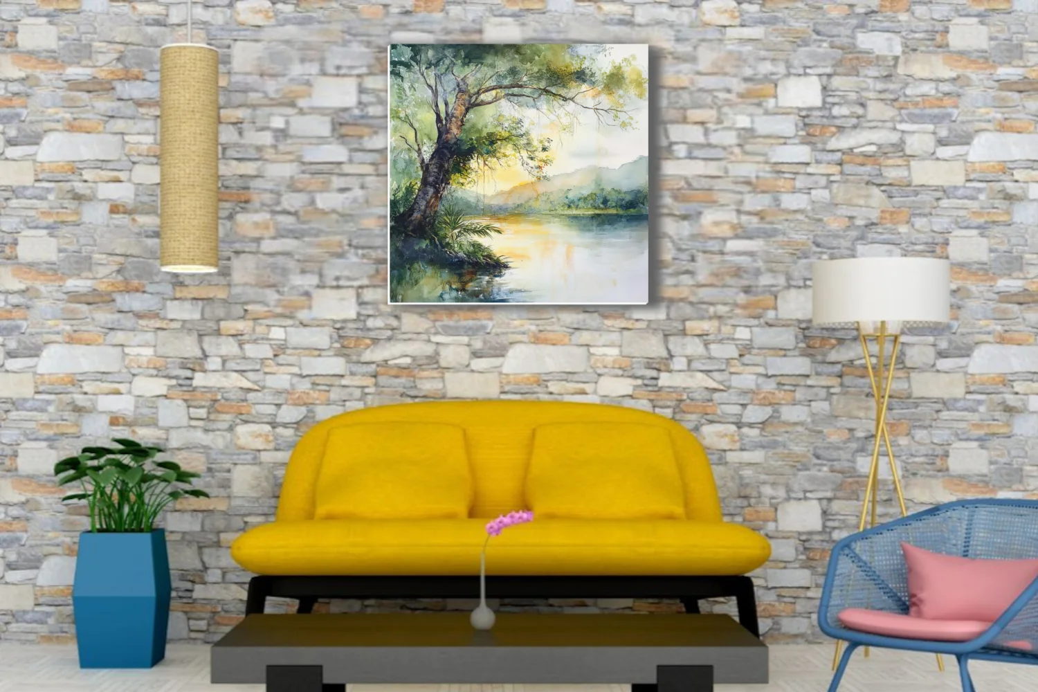 Watercolor-style tropical river landscape with golden light, lush trees, and misty hills