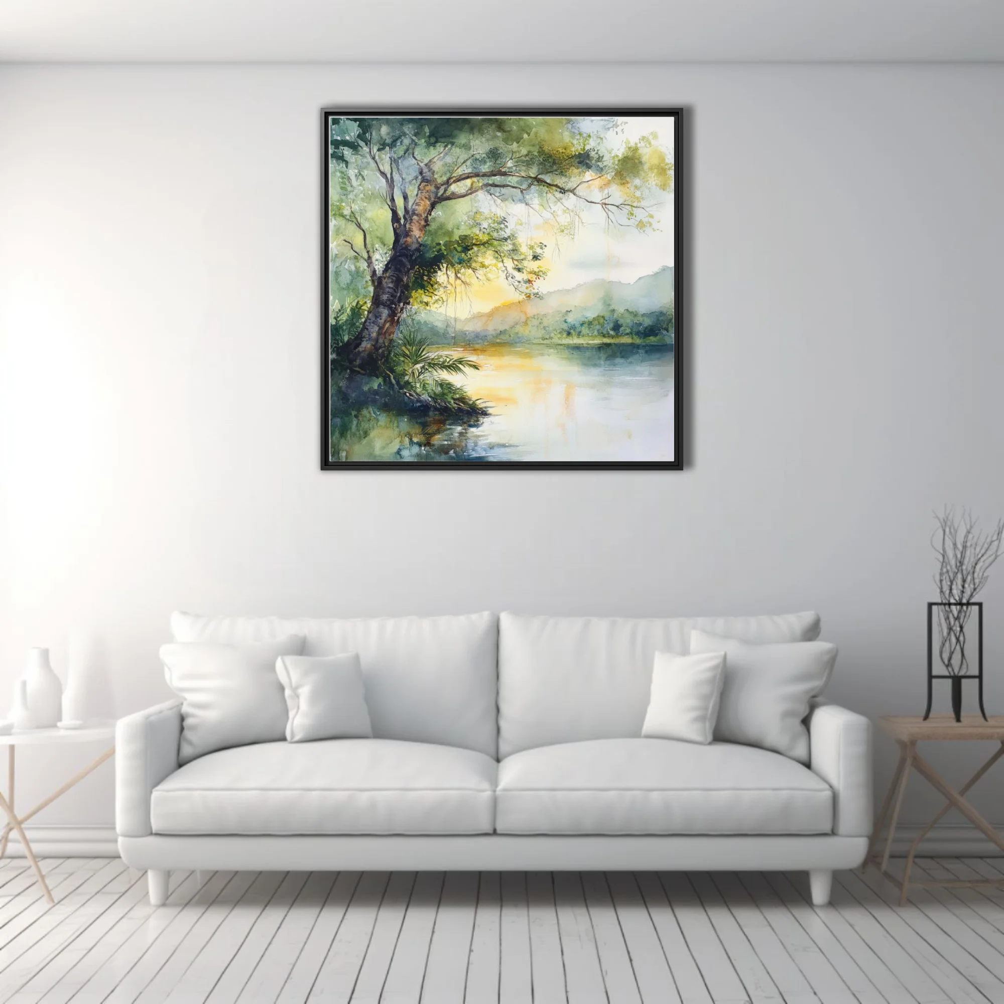 Watercolor-style tropical river landscape with golden light, lush trees, and misty hills