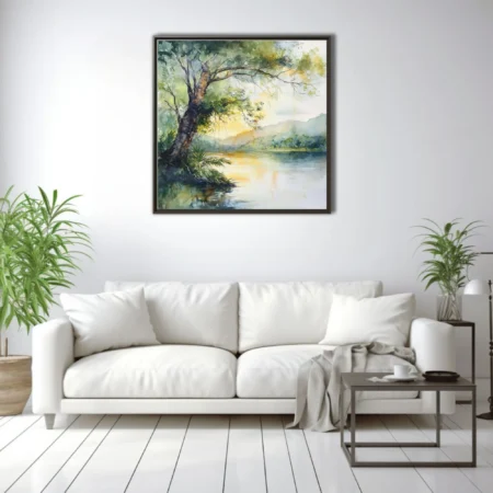 Watercolor-style tropical river landscape with golden light, lush trees, and misty hills
