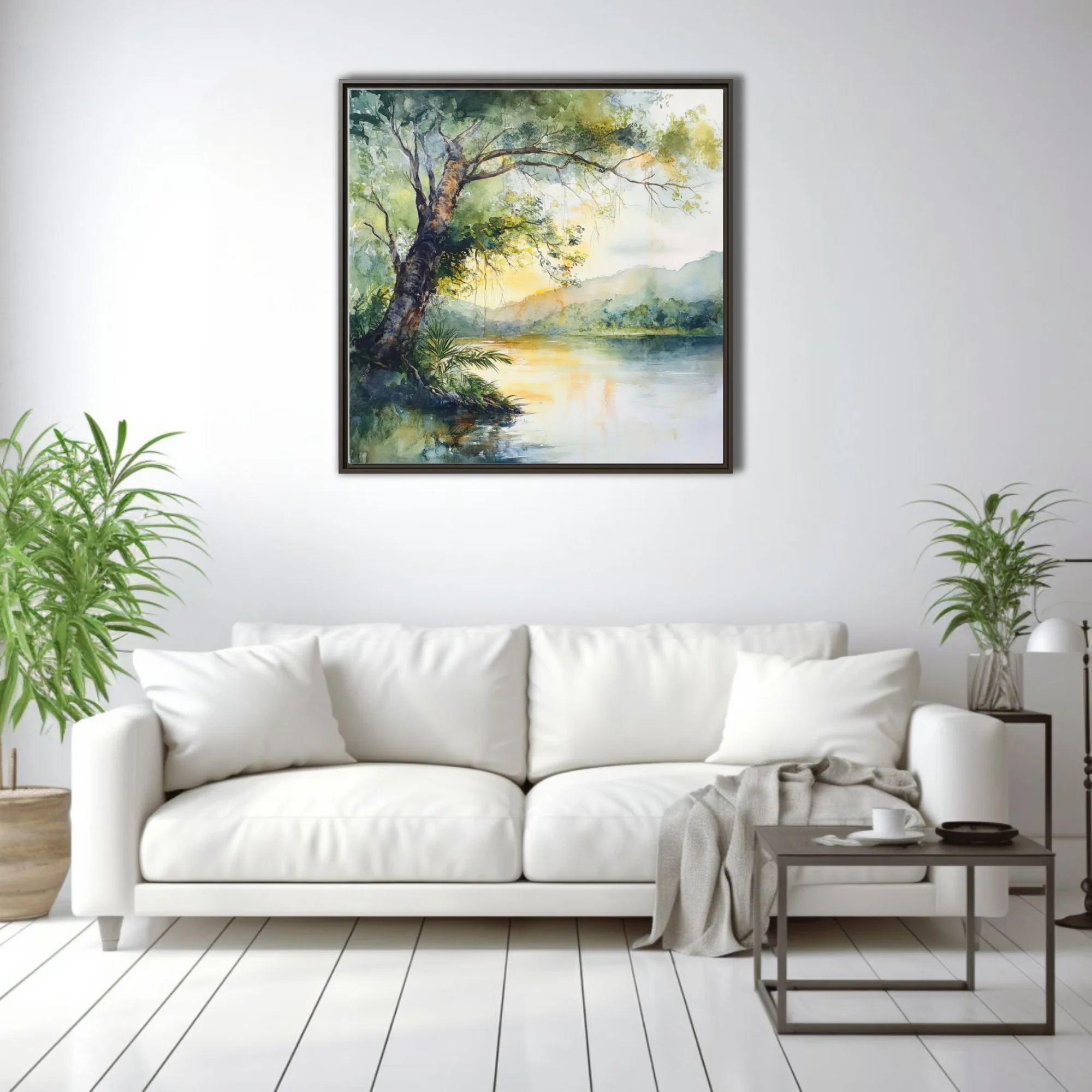 Watercolor-style tropical river landscape with golden light, lush trees, and misty hills