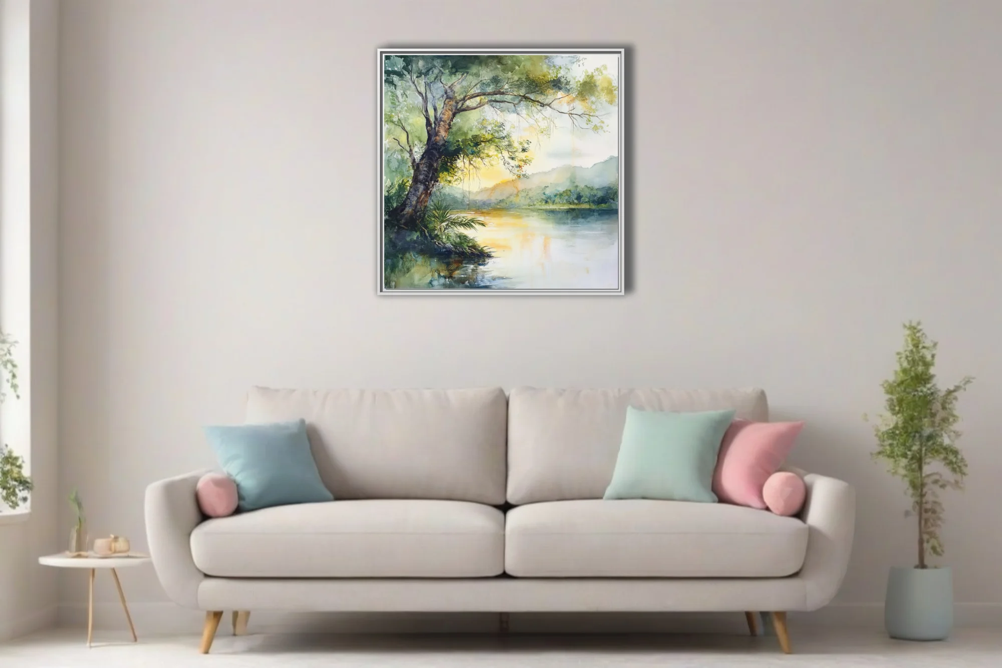 Watercolor-style tropical river landscape with golden light, lush trees, and misty hills
