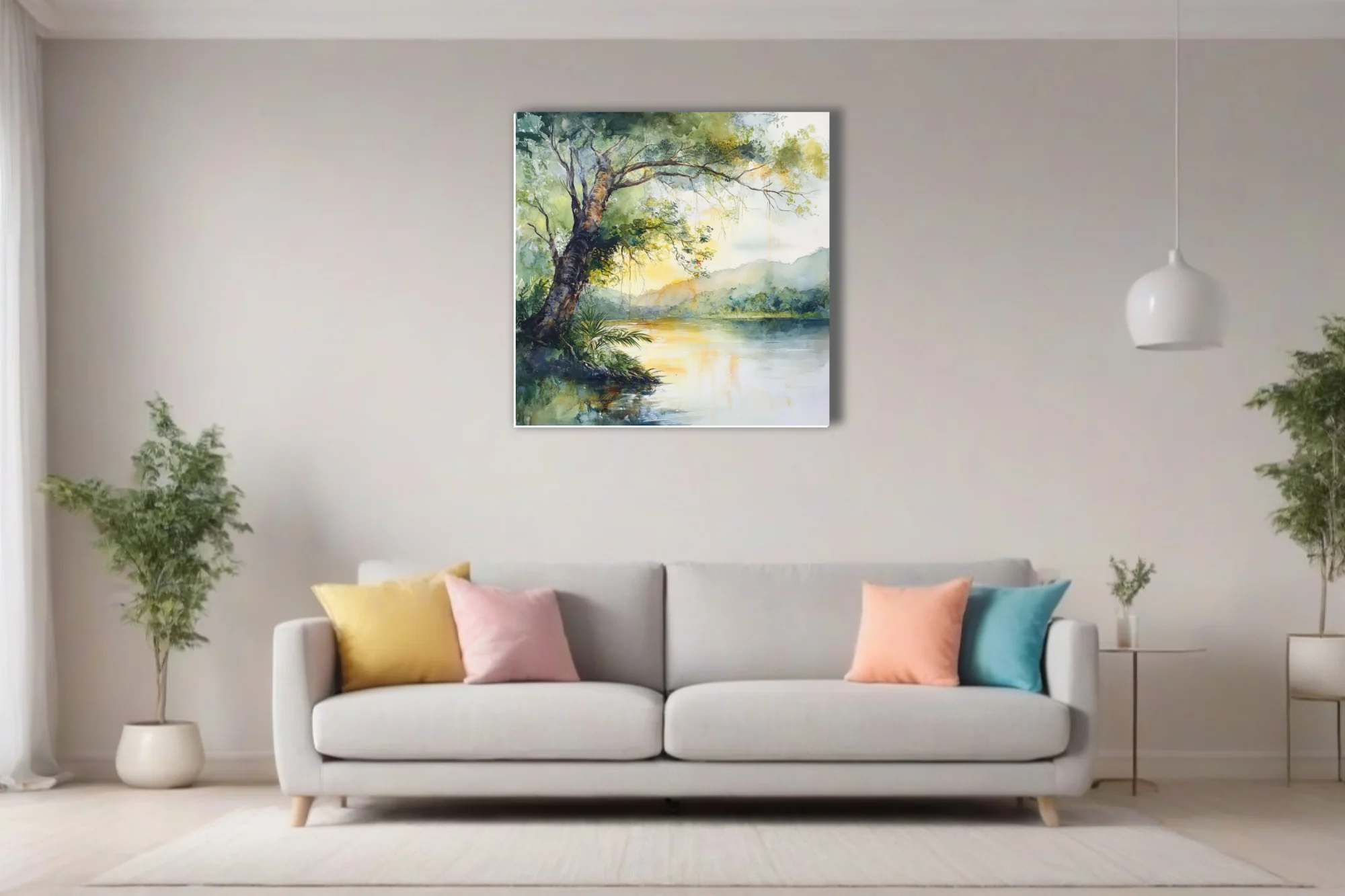 Watercolor-style tropical river landscape with golden light, lush trees, and misty hills