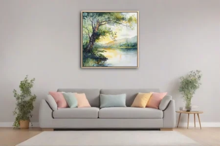 Watercolor-style tropical river landscape with golden light, lush trees, and misty hills
