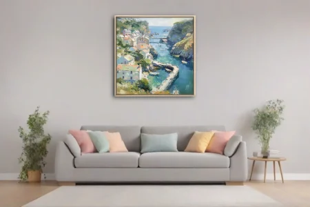 Painterly coastal harbor village with cliffs, moored boats, and turquoise water