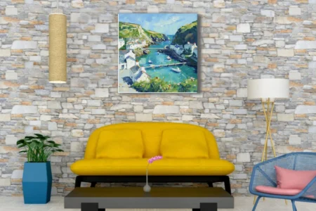 Painterly coastal harbor village with turquoise water, white cottages and green cliffs in bold style