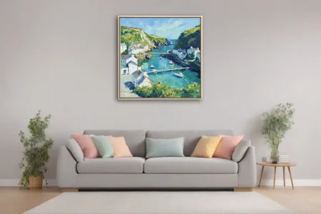 Painterly coastal harbor village with turquoise water, white cottages and green cliffs in bold style