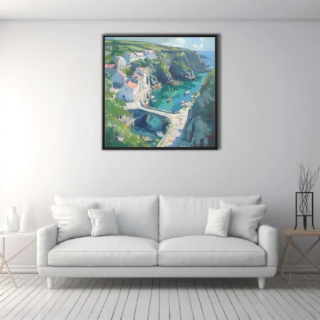 Painterly coastal harbor village with cliffs, whitewashed cottages, turquoise cove and moored boats