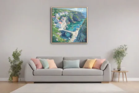 Painterly coastal harbor village with cliffs, whitewashed cottages, turquoise cove and moored boats