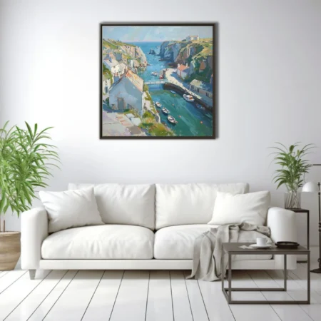 Soft painterly coastal harbor village with moored boats, cliffs, and whitewashed cottages in turquoise tones