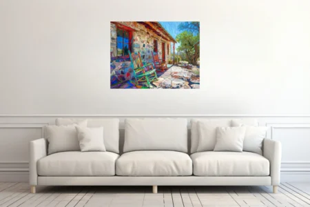 Expressive painterly rocking chairs on stone cottage porch in vivid rainbow strokes