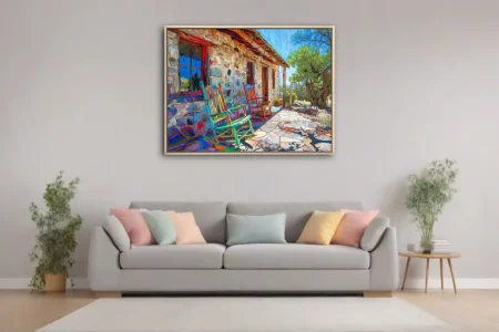 Expressive painterly rocking chairs on stone cottage porch in vivid rainbow strokes