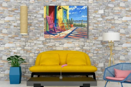 Intensely colored colorful rocking chairs on adobe porch with cacti and blue sky